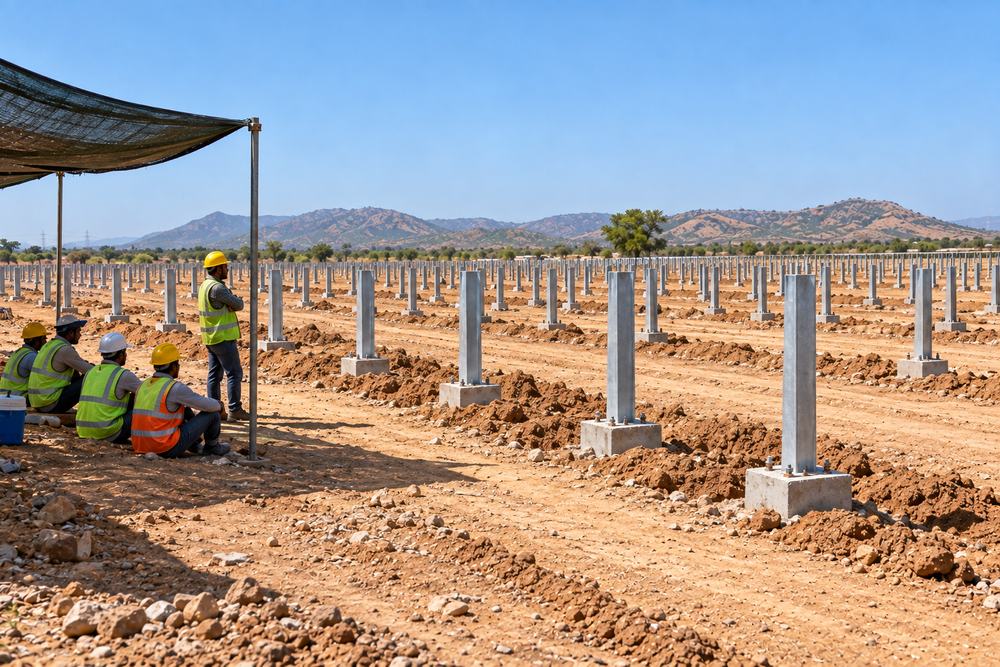 Idle solar construction site with workers waiting for machines