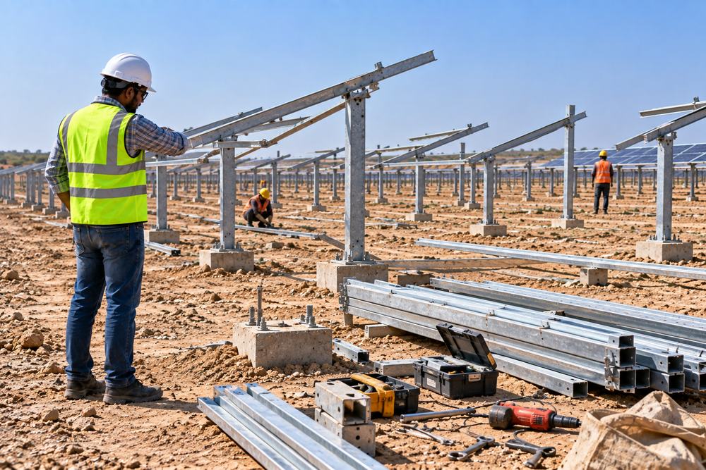 Half-finished solar structure area with very few workers