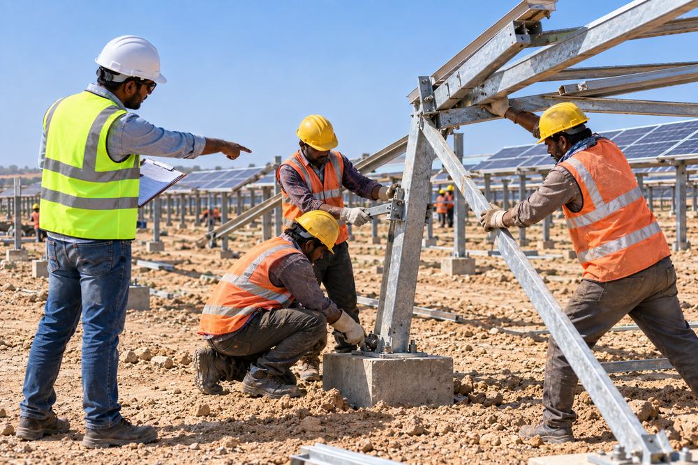 Workers re-fixing misaligned solar mounting structures