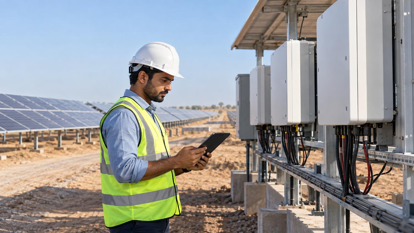 Solar engineer checking a commissioning checklist at an inverter station