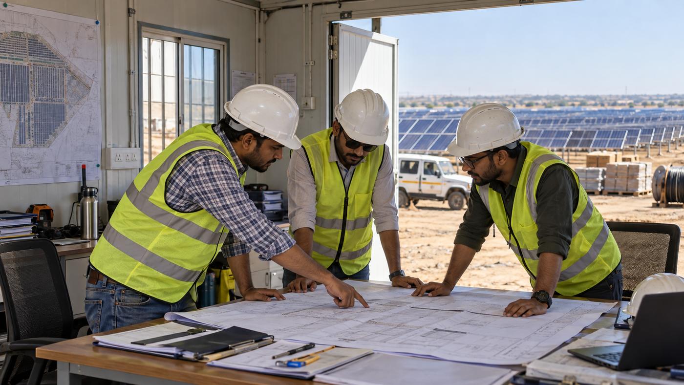 Engineers reviewing drawings at a solar site office