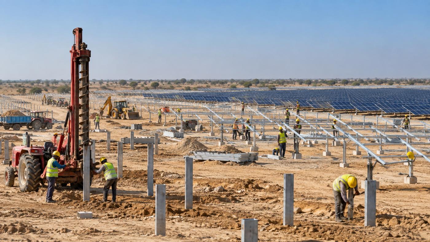 Solar power plant under construction with piling, structures and panels