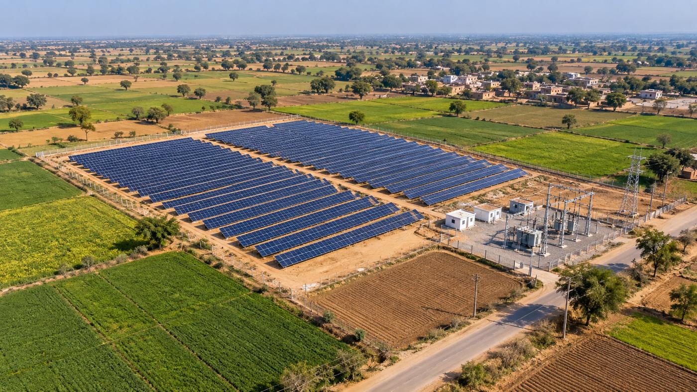 Small solar plant built on farmland next to a substation