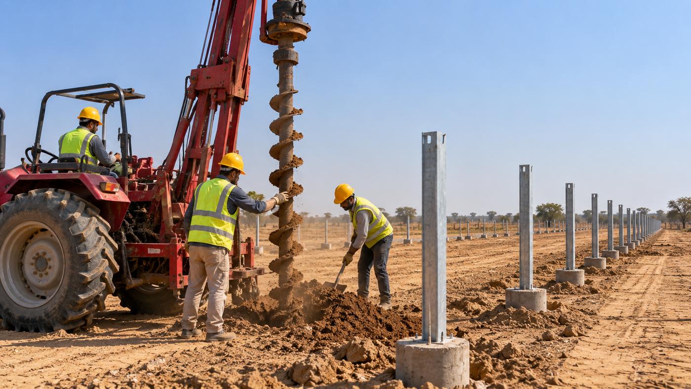 Tractor-mounted auger drilling a pile hole beside a row of solar piles