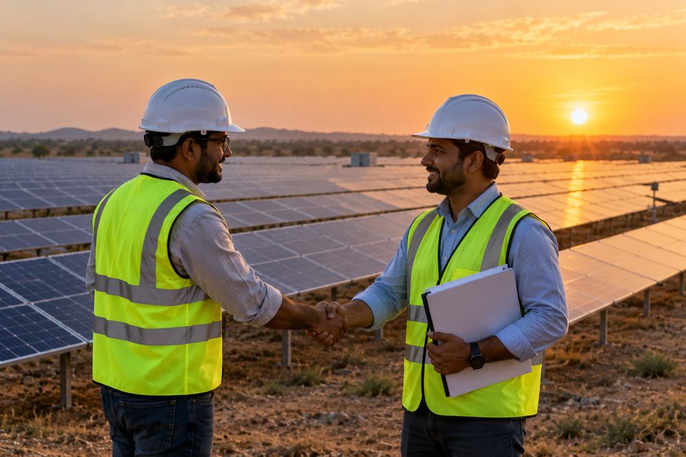 Engineers shaking hands at a completed solar plant