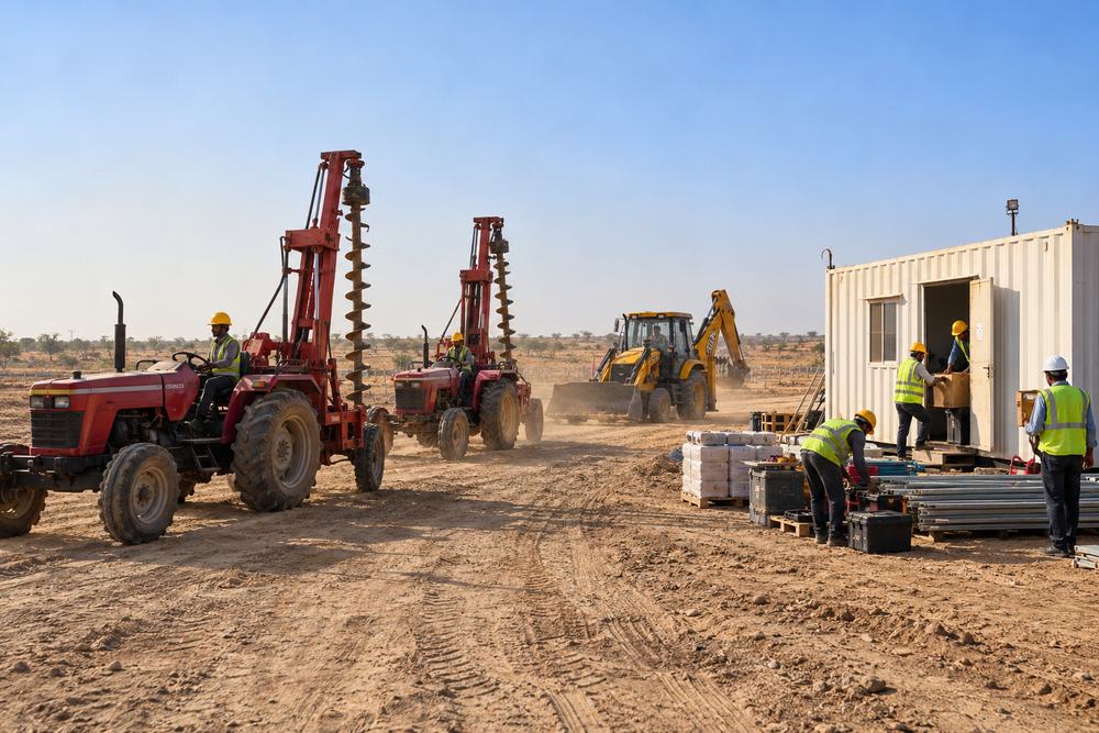 Tractors with piling augers and a backhoe loader mobilising to a solar site