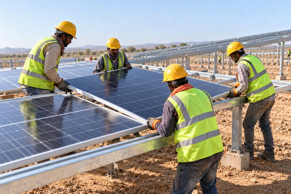 Workers installing solar modules on mounting structures