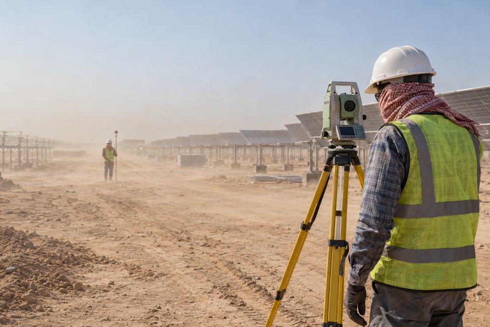 Surveyor with a total station on a tripod at a solar site
