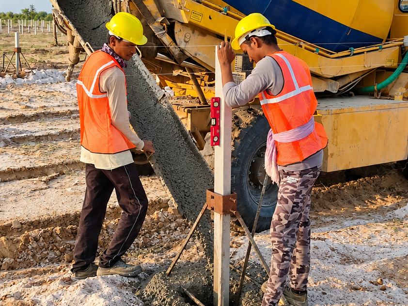 Workers casting and levelling a solar pile foundation with a concrete mixer
