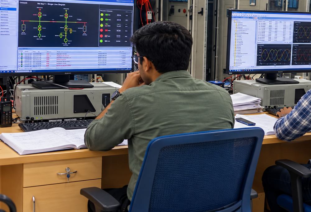 Engineers monitoring inverter and SCADA screens during commissioning