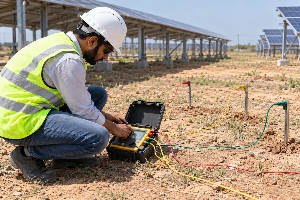 Engineer doing an earth resistance test with test spikes