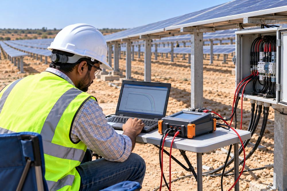 Engineer using an IV curve tracer connected to a solar string