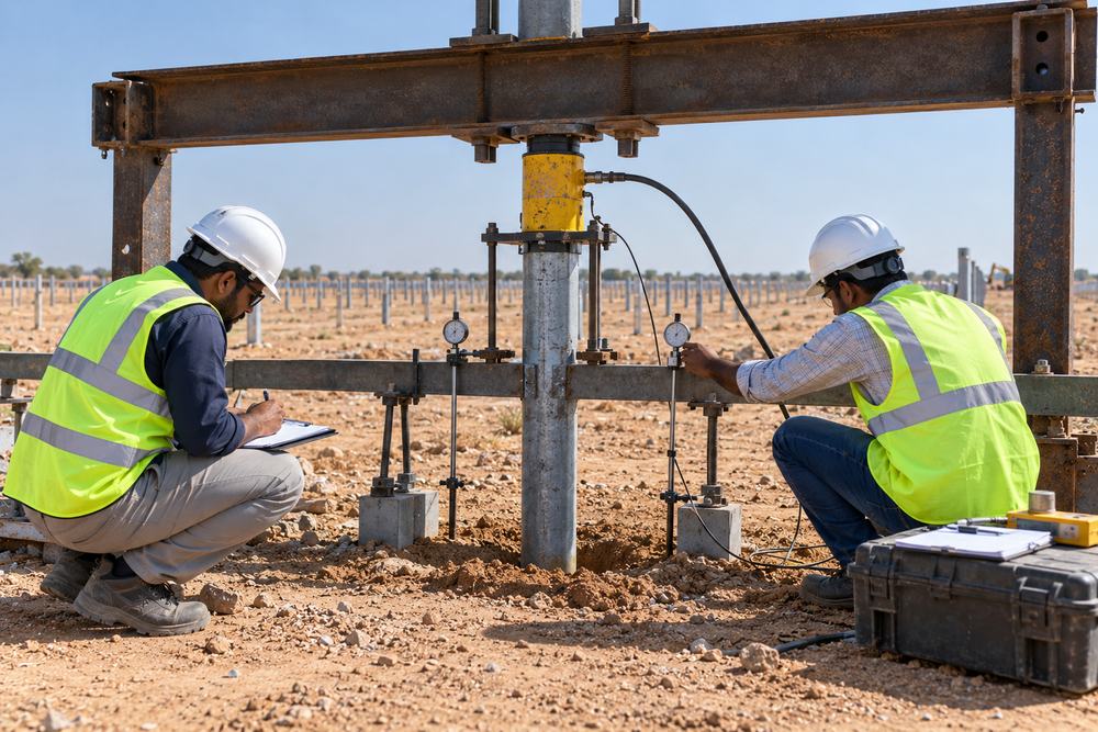 Pile load test with hydraulic jack and dial gauges