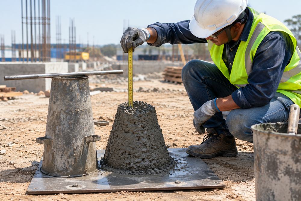 Engineer measuring concrete slump on site
