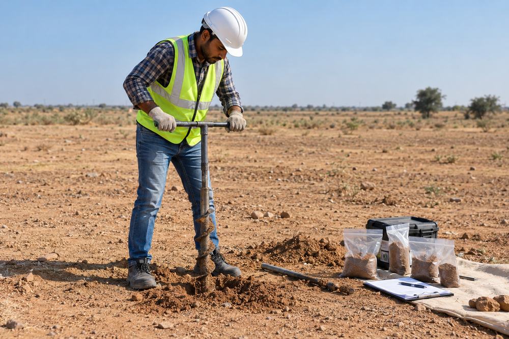 Engineer collecting soil samples with a hand auger on a solar site
