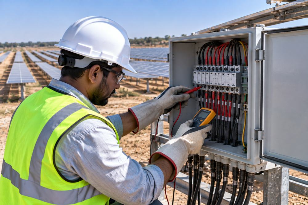 Technician testing a solar string at a combiner box with a multimeter