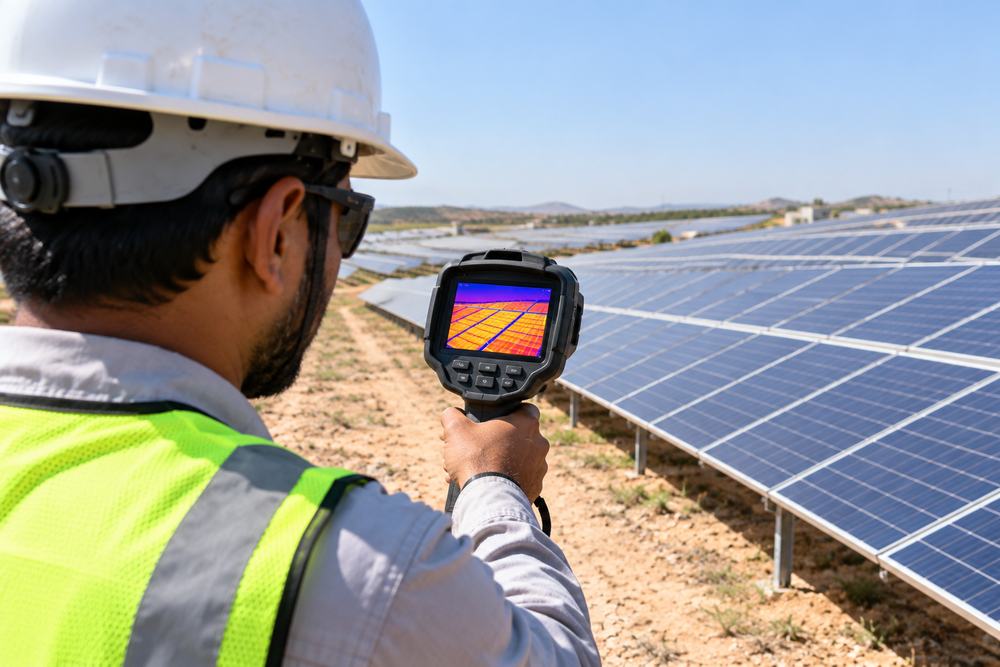 Engineer scanning solar panels with a thermal camera