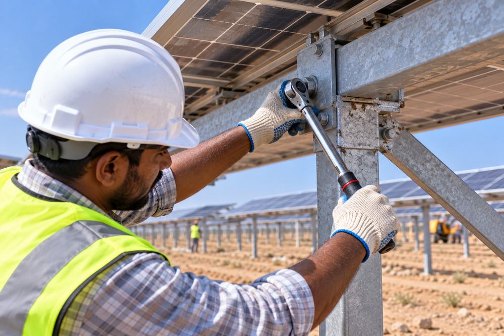 Technician checking bolt torque on a solar mounting structure