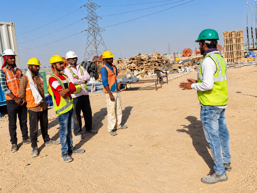 Toolbox safety talk with workers on a solar site